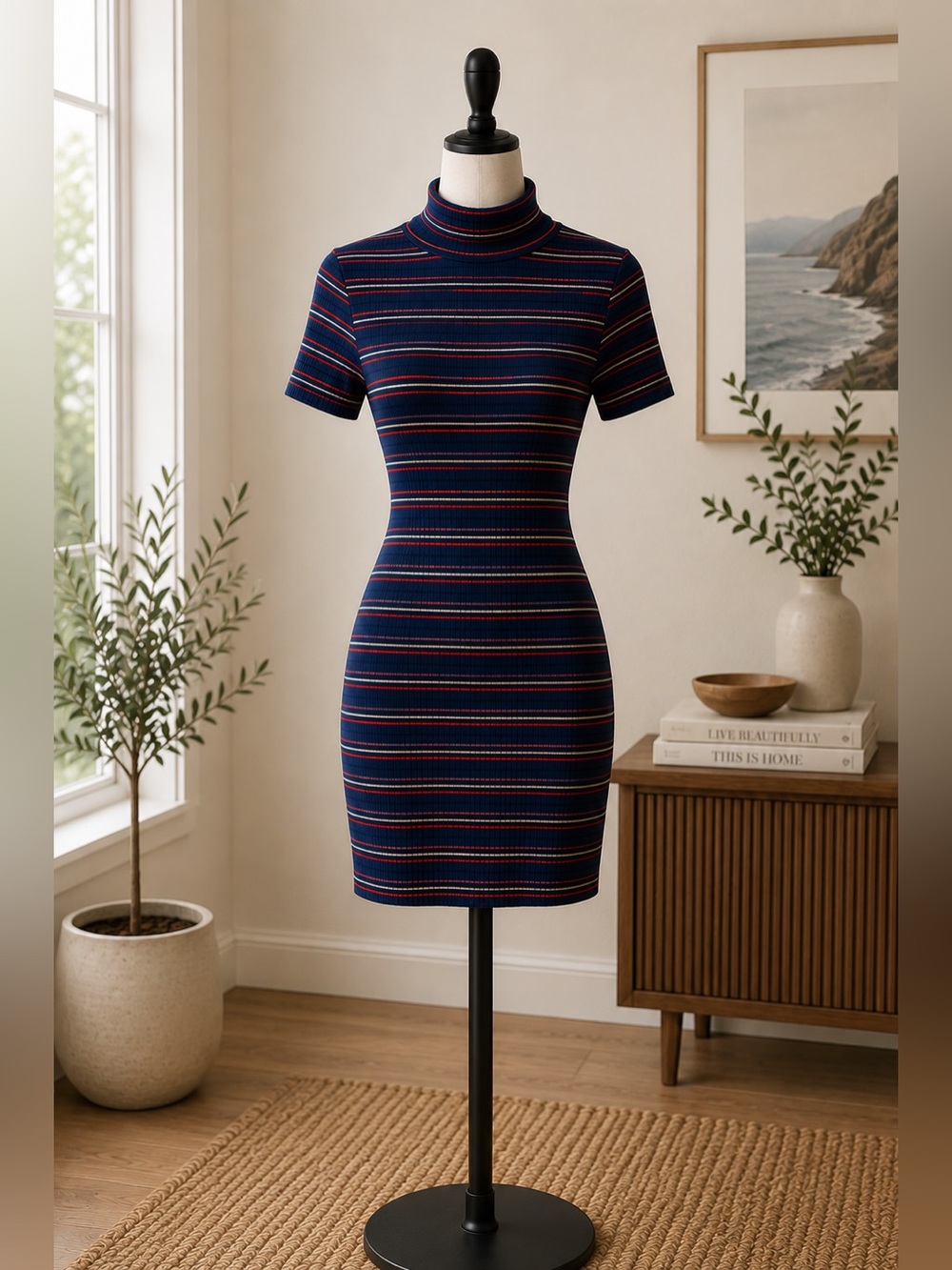Urban Outfitters Navy Multicolor Striped Midi Turtleneck Dress